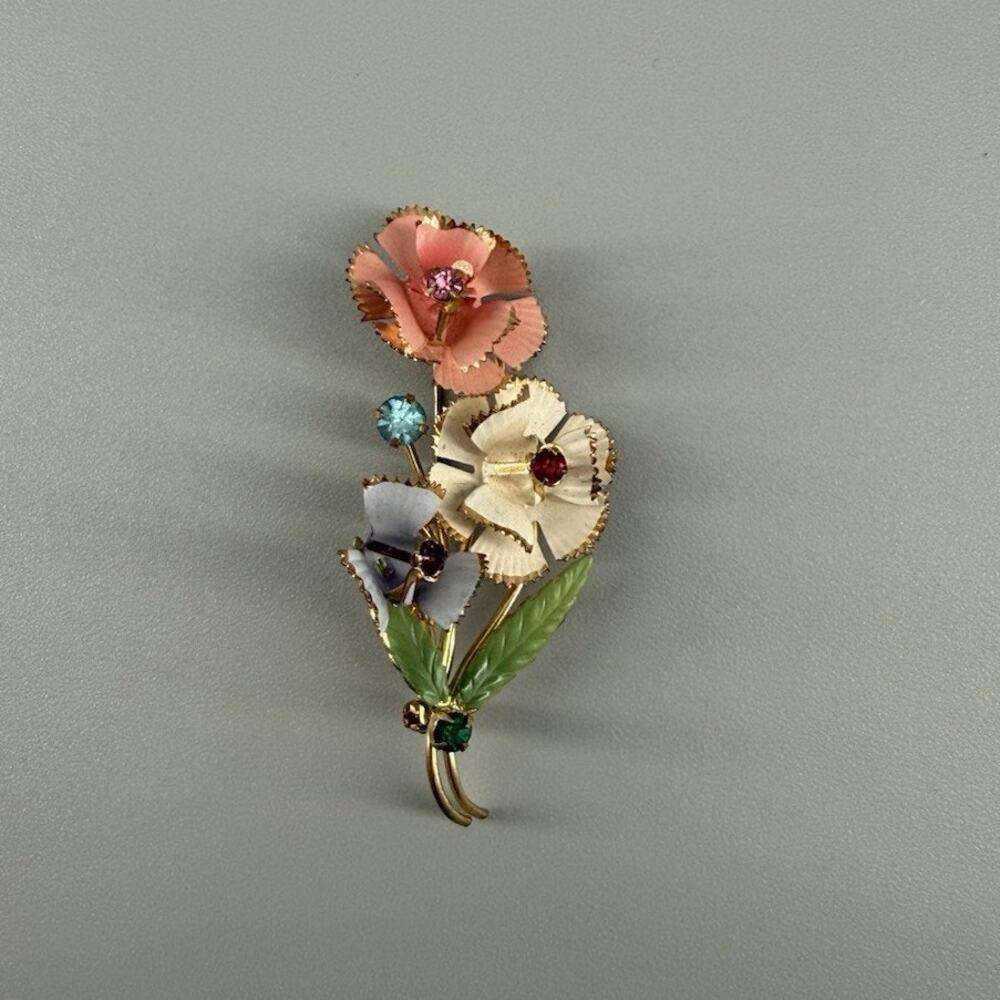 Vintage Made in Austria Enamel Floral Bouquet Brooch Rhinestone Gold Tone Pin